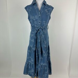 Solitaire Denim Floral Tiered Belted Midi Dress Size Small